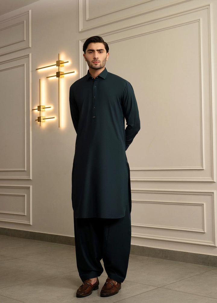 Stylish Garments Mens RTW Solids Wash N Wear Kurta Shalwar Suit Tale Green Plain Casual Collection