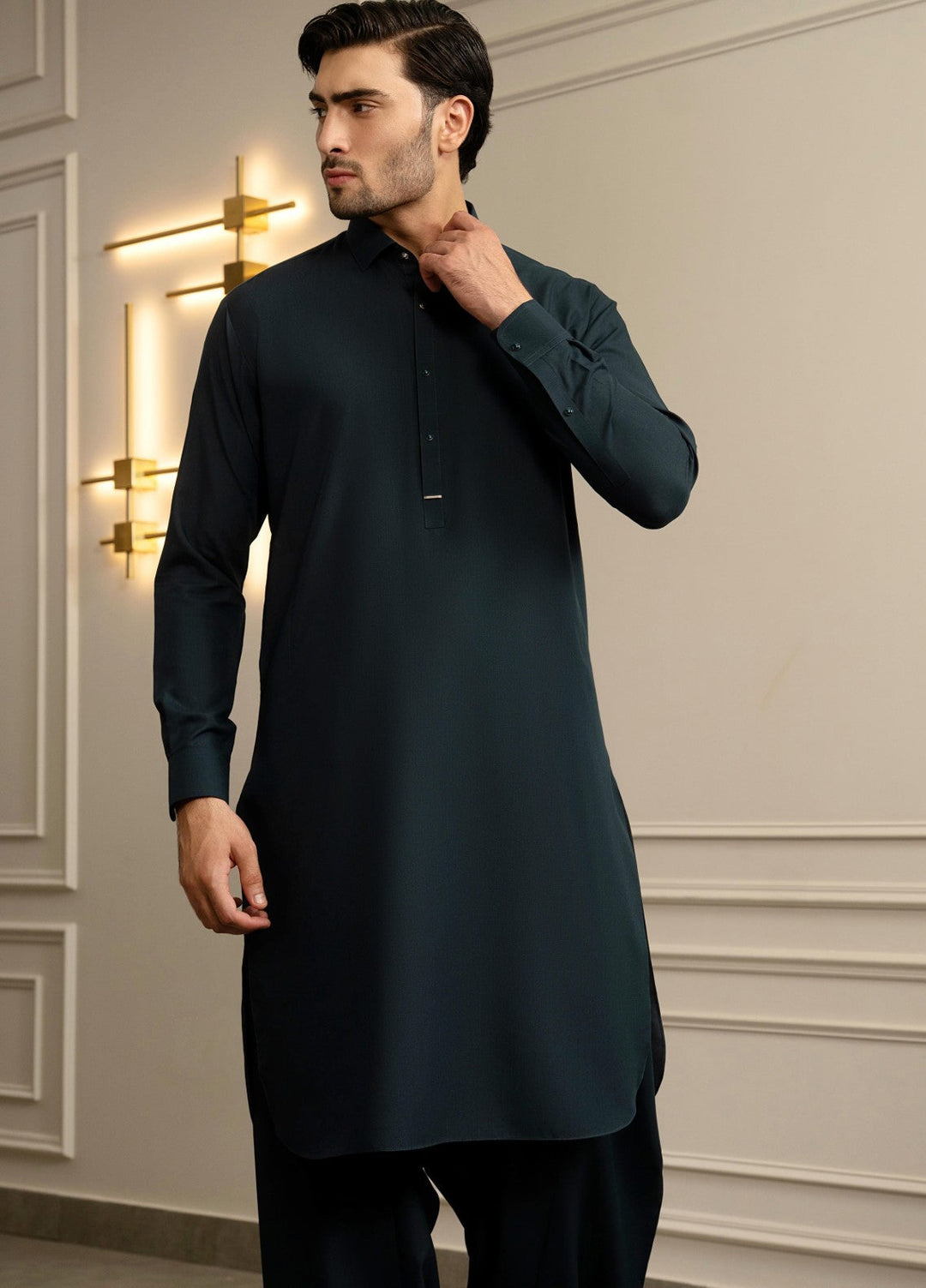 Stylish Garments Mens RTW Solids Wash N Wear Kurta Shalwar Suit Tale Green Plain Casual Collection