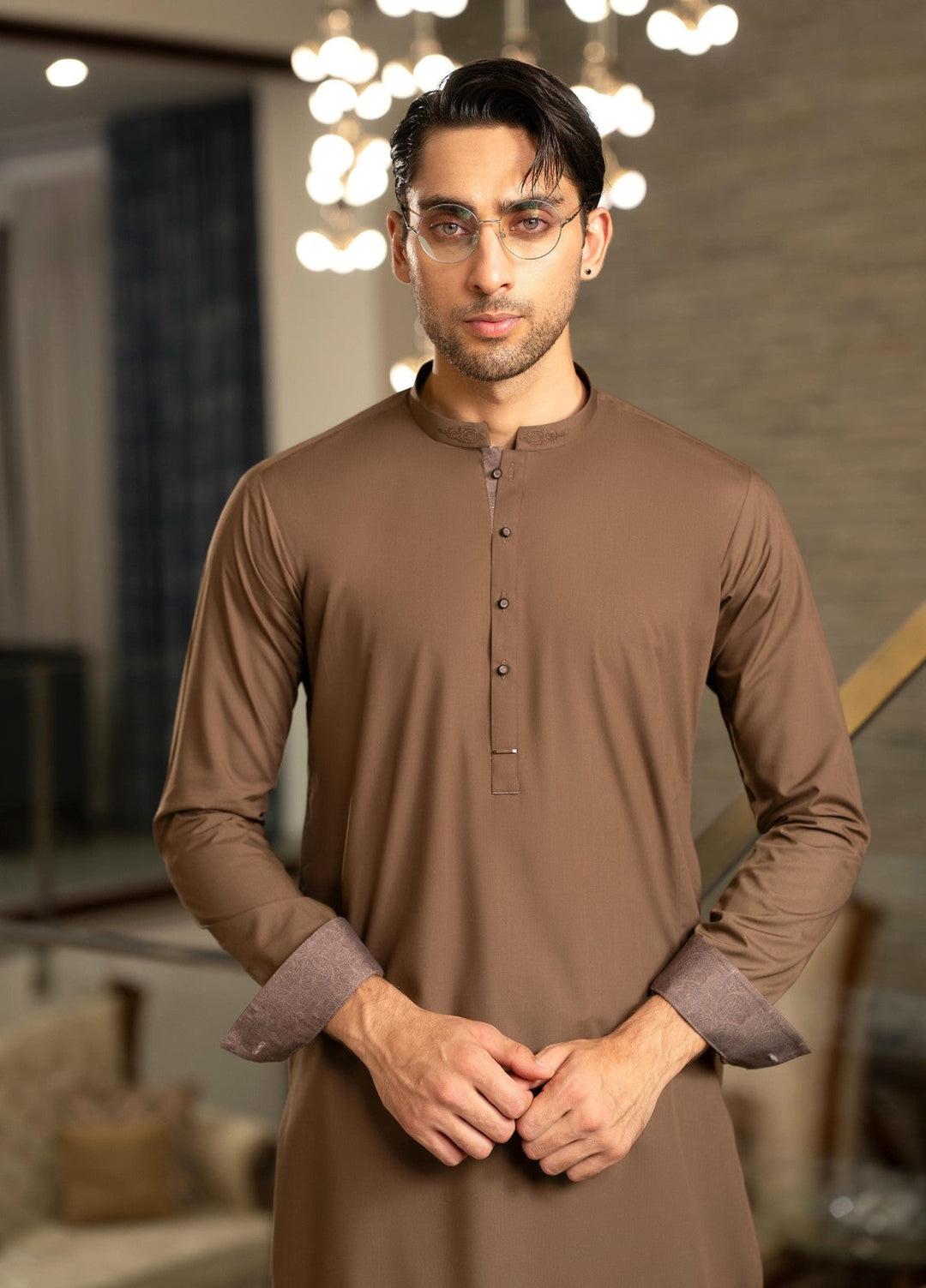 Stylish Garments Mens RTW Solids Wash N Wear Kurta Shalwar Suit Brown Contrast Casual Collection