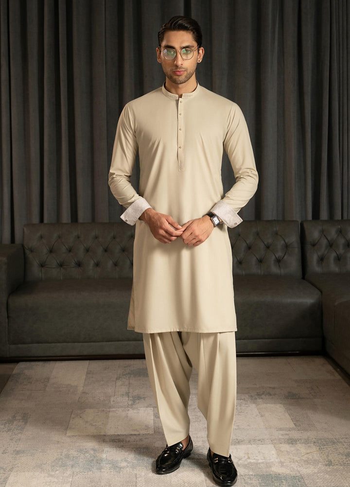 Stylish Garments Mens RTW Solids Wash N Wear Kurta Shalwar Suit Ivory Contrast Casual Collection