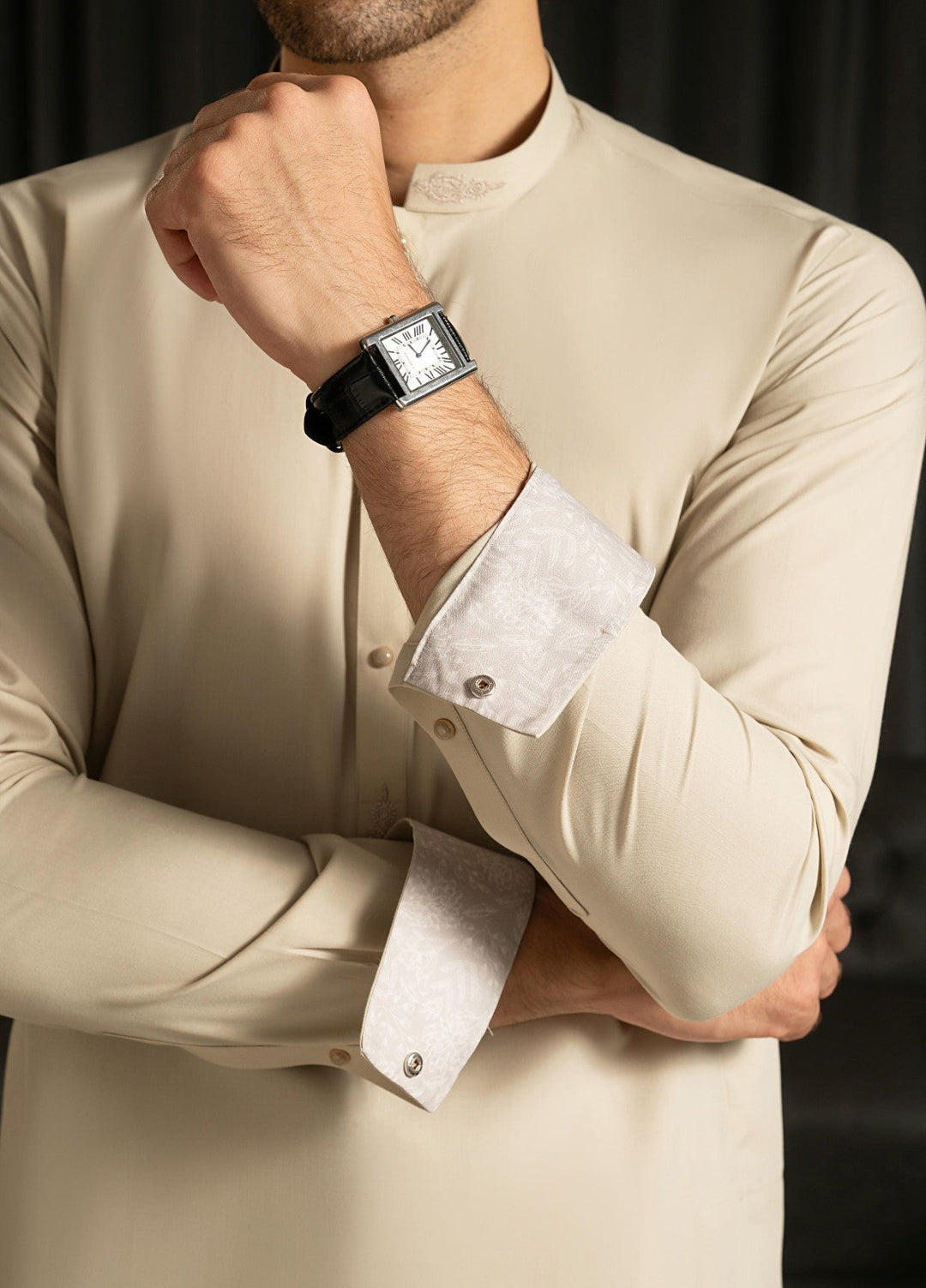Stylish Garments Mens RTW Solids Wash N Wear Kurta Shalwar Suit Ivory Contrast Casual Collection