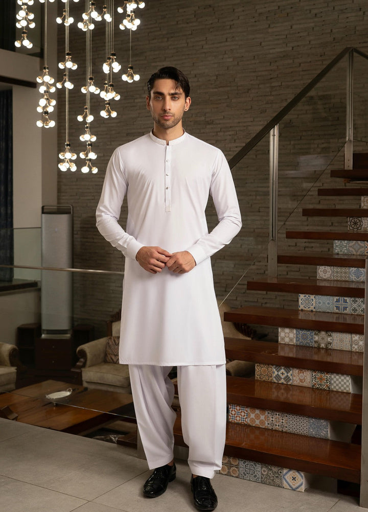 Stylish Garments Mens RTW Embroidered Wash N Wear Kurta Shalwar Suit White Casual Collection