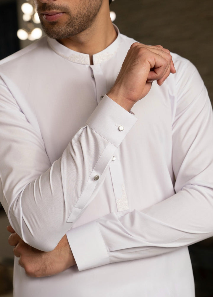Stylish Garments Mens RTW Embroidered Wash N Wear Kurta Shalwar Suit White Casual Collection