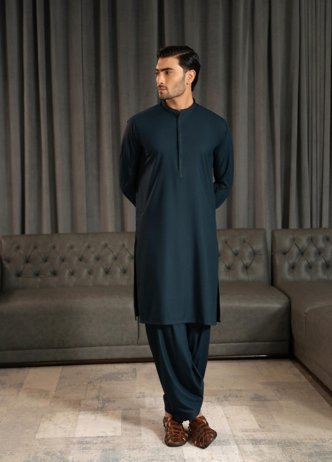 Stylish Garments Mens RTW Embroidered Wash N Wear Kurta Shalwar Suit Gray Blue Casual Collection