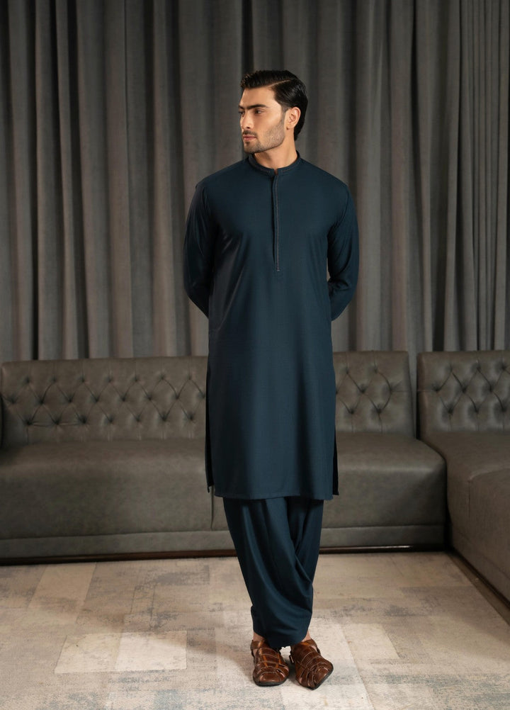 Stylish Garments Mens RTW Embroidered Wash N Wear Kurta Shalwar Suit Gray Blue Casual Collection
