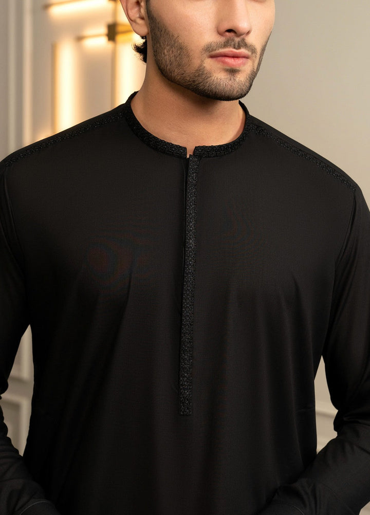 Stylish Garments Mens RTW Embroidered Wash N Wear Kurta Shalwar Suit Black Casual Collection