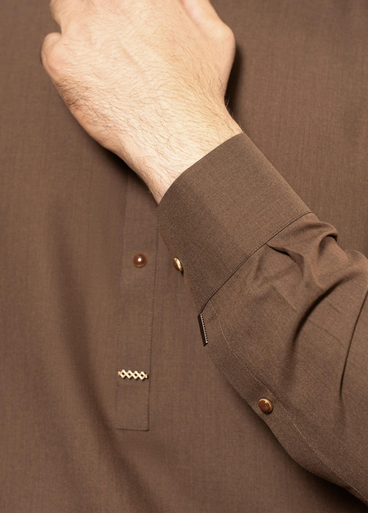Stylish Garments Mens RTW Solids Wash N Wear Kurta Shalwar Suit Brown Plain Casual Collection
