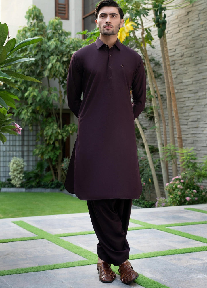 Stylish Garments Mens RTW Solids Wash N Wear Kurta Shalwar Suit Mehroon Plain Casual Collection