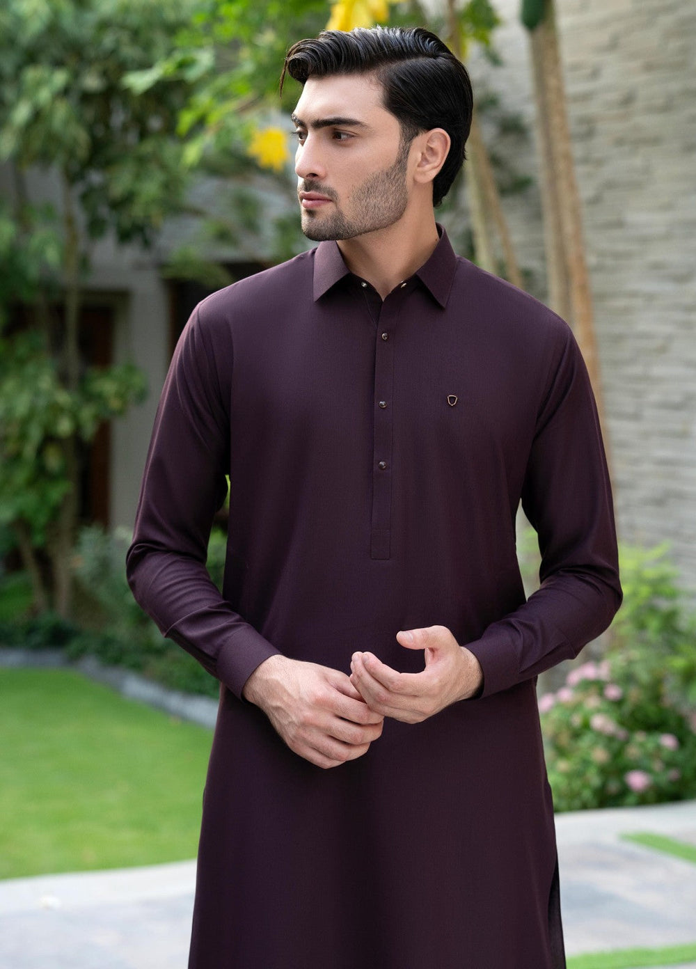 Stylish Garments Mens RTW Solids Wash N Wear Kurta Shalwar Suit Mehroon Plain Casual Collection