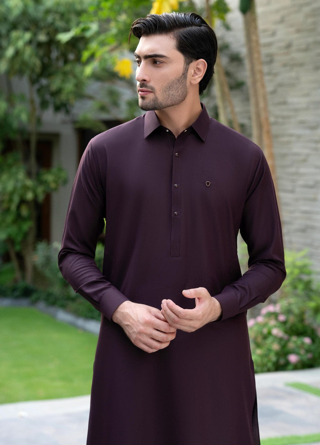 Stylish Garments Mens RTW Solids Wash N Wear Kurta Shalwar Suit Mehroon Plain Casual Collection