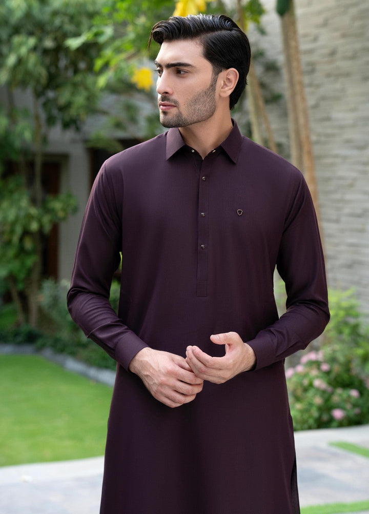 Stylish Garments Mens RTW Solids Wash N Wear Kurta Shalwar Suit Mehroon Plain Casual Collection