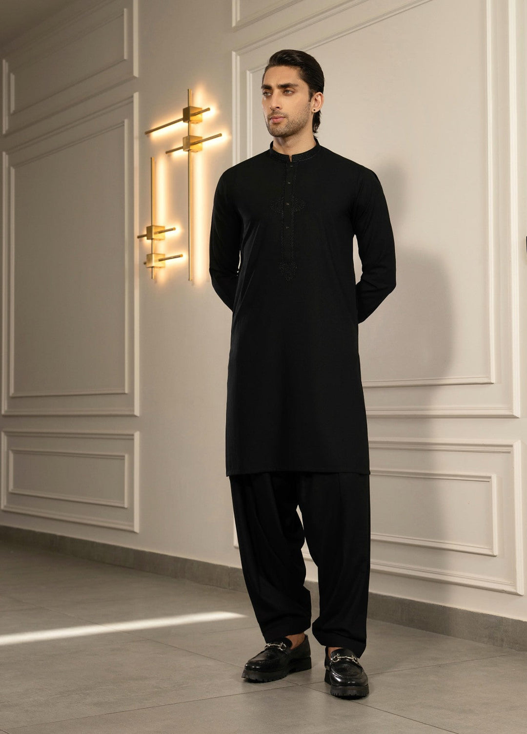 Stylish Garments Mens RTW Embroidered Wash N Wear Kurta Shalwar Suit Black Casual Collection