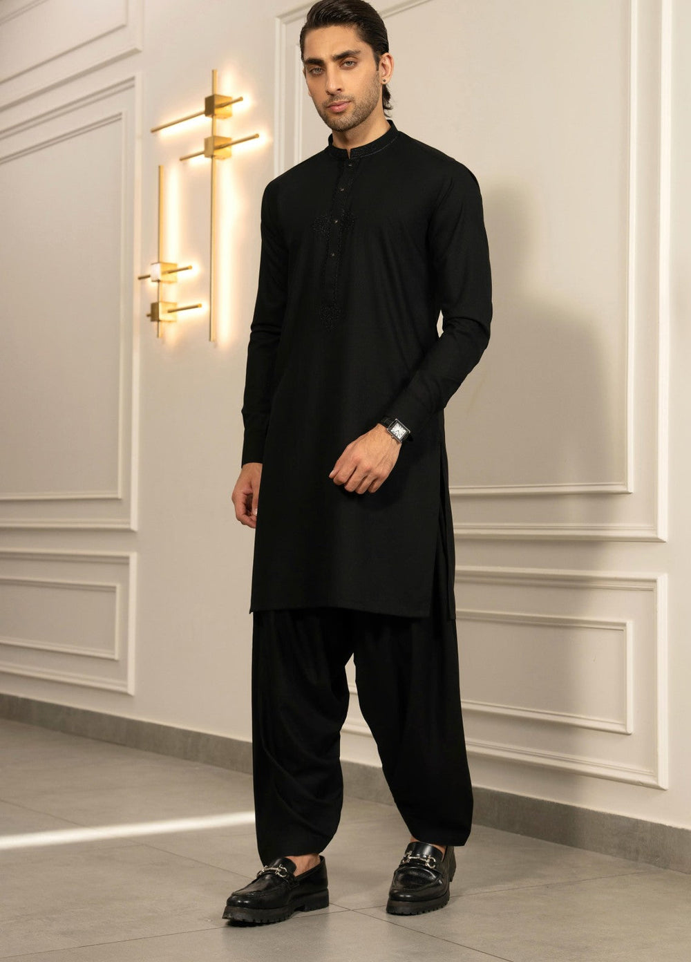 Stylish Garments Mens RTW Embroidered Wash N Wear Kurta Shalwar Suit Black Casual Collection