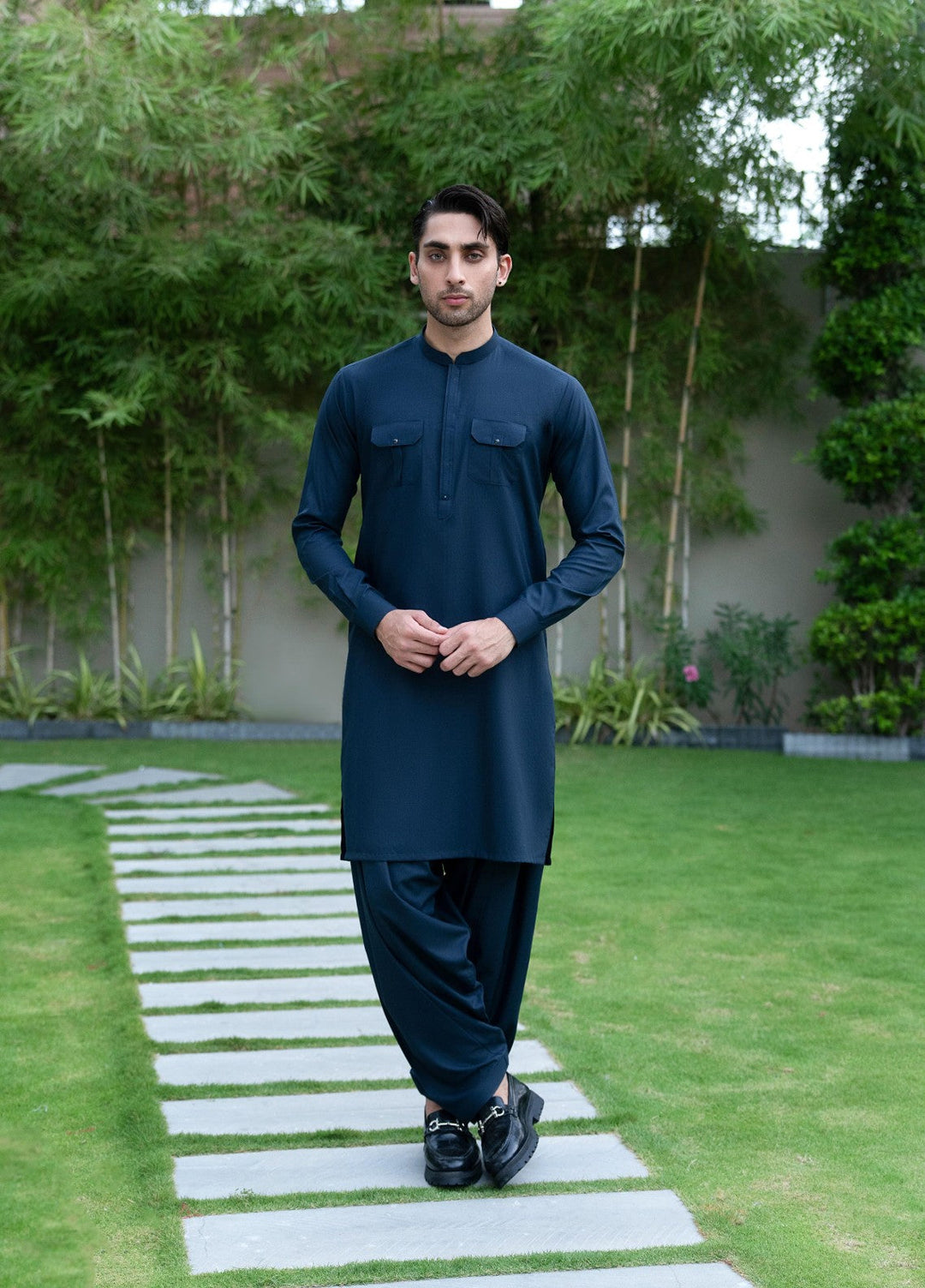 Stylish Garments Mens RTW Solids Wash N Wear Kurta Shalwar Suit Dark Gray Casual Collection