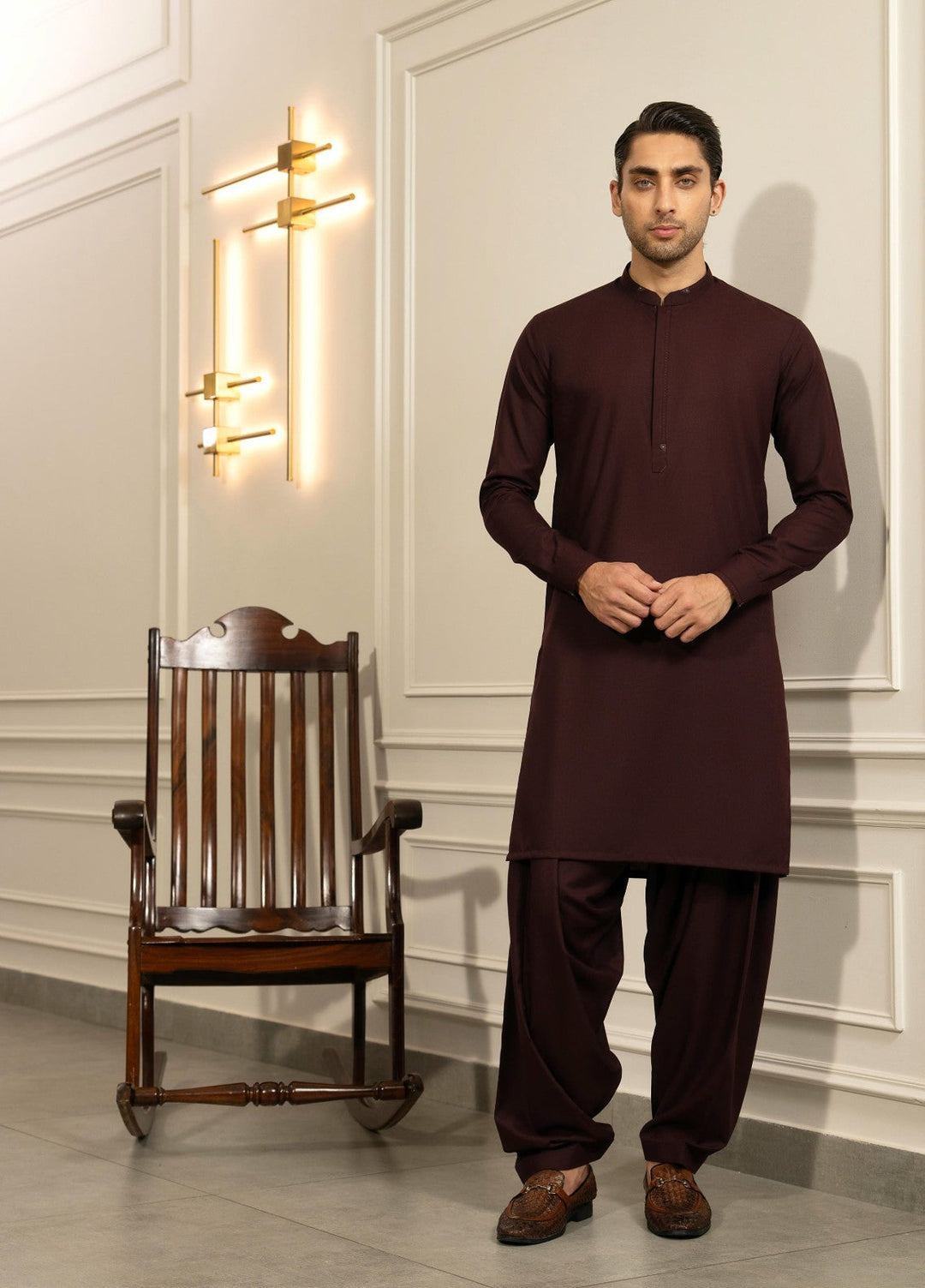 Stylish Garments Mens RTW Solids Wash N Wear Kurta Shalwar Suit Mehroon Casual Collection