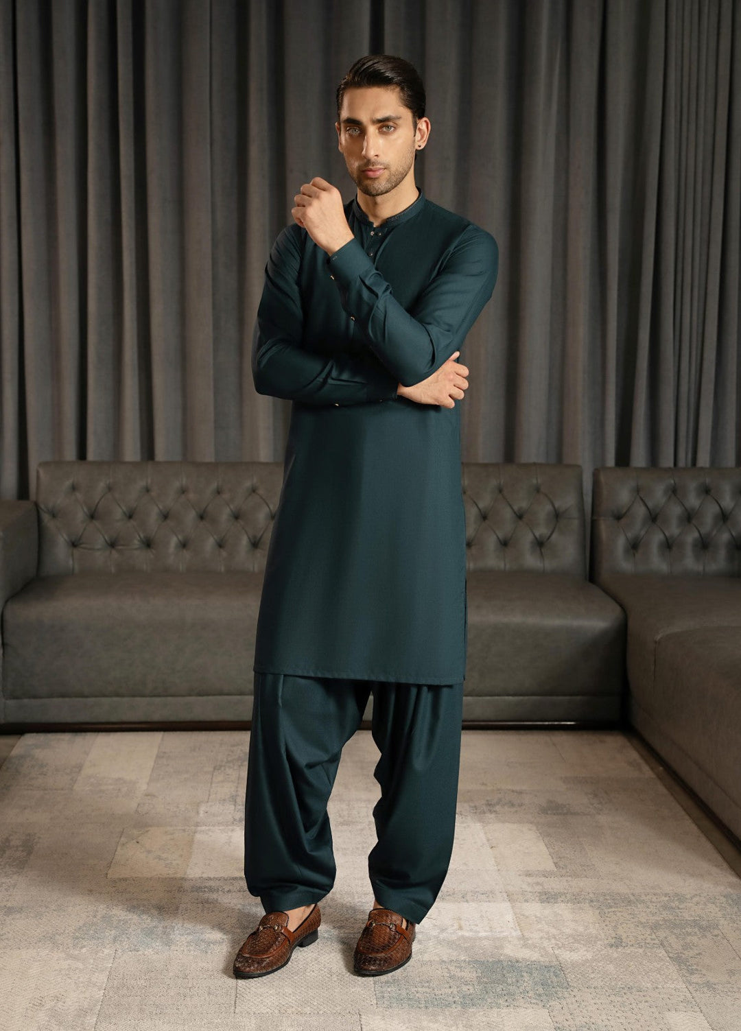Stylish Garments Mens RTW Embroidered Wash N Wear Kurta Shalwar Suit Tale Green Casual Collection
