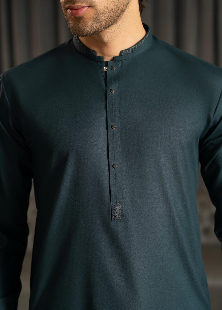Stylish Garments Mens RTW Embroidered Wash N Wear Kurta Shalwar Suit Tale Green Casual Collection