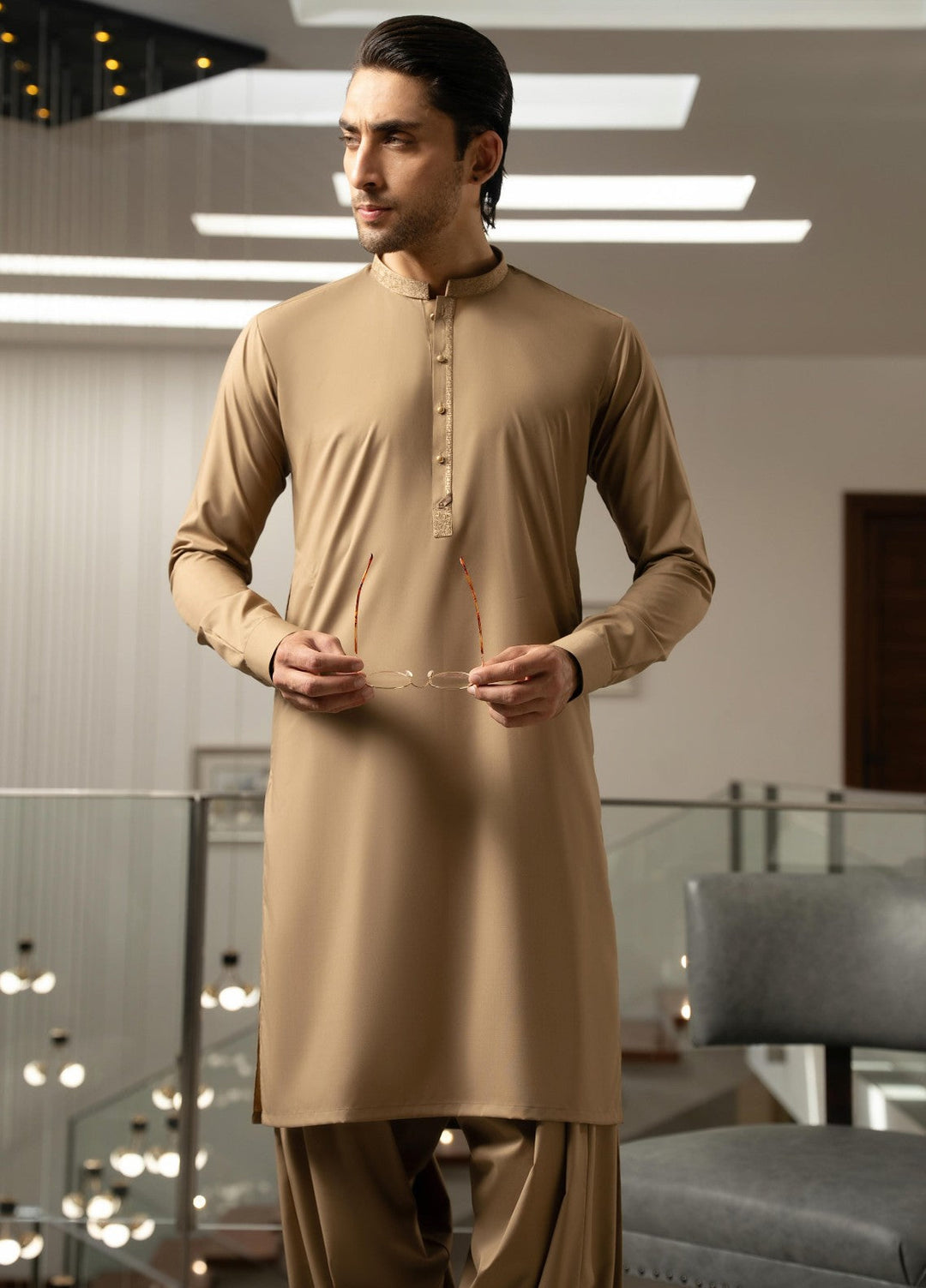 Stylish Garments Mens RTW Embroidered Wash N Wear Kurta Shalwar Suit Dark Fawn Casual Collection