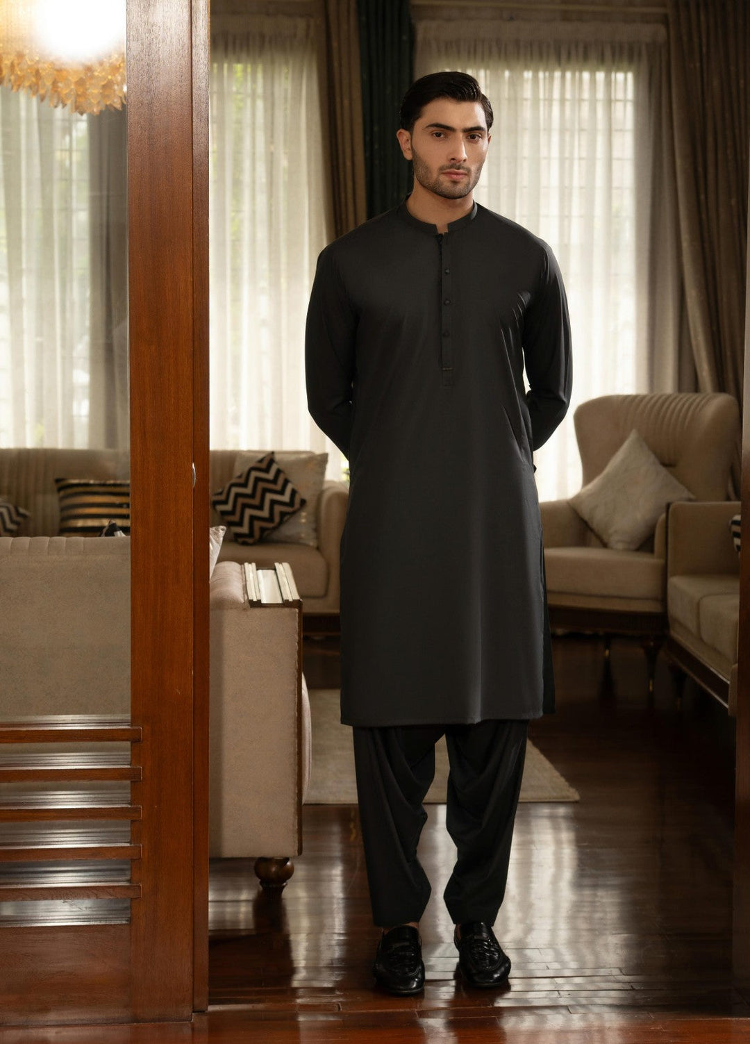 Stylish Garments Mens RTW Solids Wash N Wear Kurta Shalwar Suit Dark Gray Contrast Casual Collection