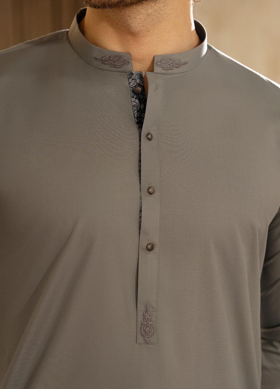 Stylish Garments Mens RTW Solids Wash N Wear Kurta Shalwar Suit Gray Contrast Casual Collection