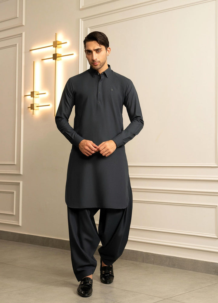 Stylish Garments Mens RTW Solids Wash N Wear Kurta Shalwar Suit Gray Blue Plain Casual Collection