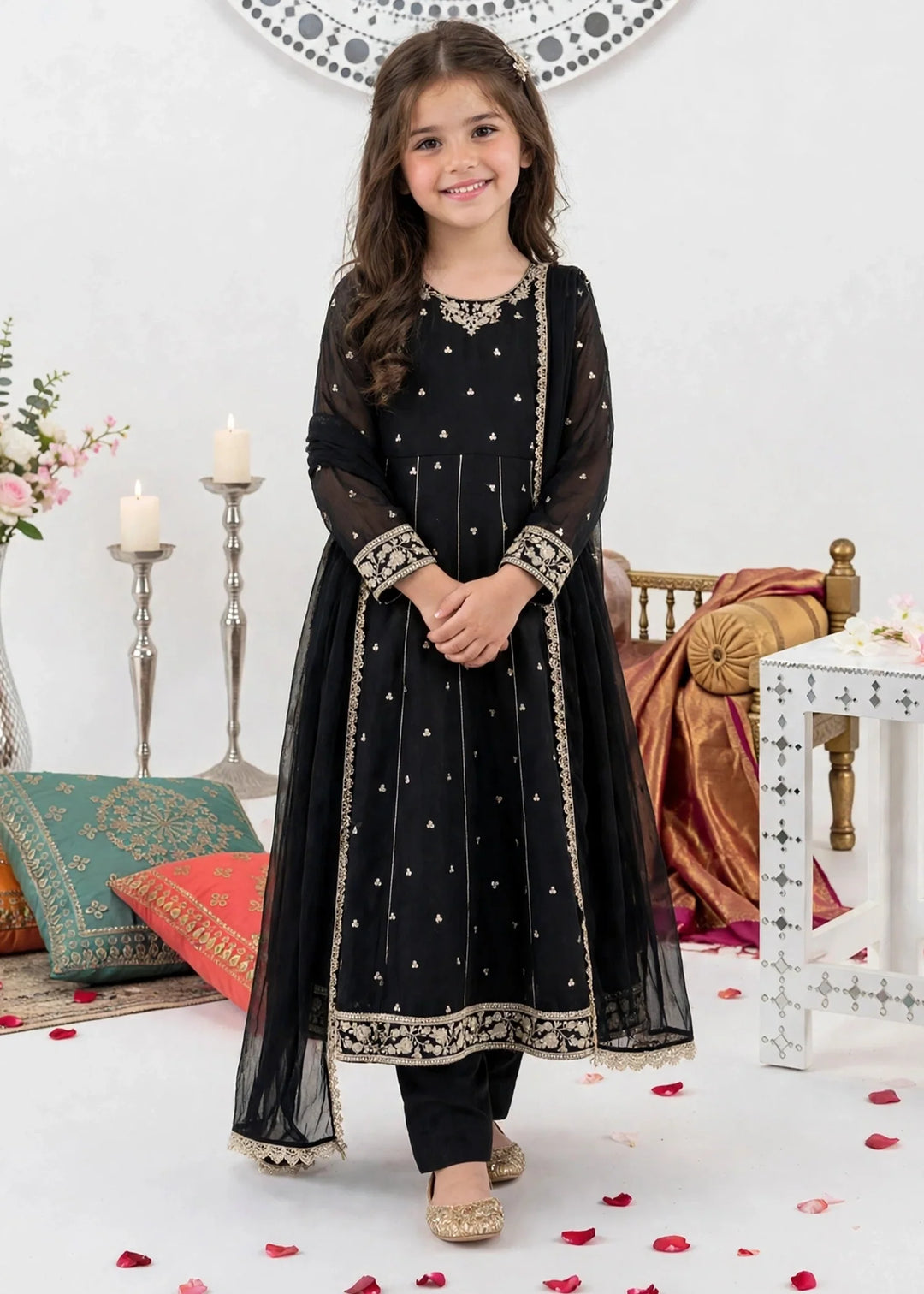 Modest Girls RTW Embroidered Crinkle 3 Piece Suit Black 11370-Blk Festive Collection