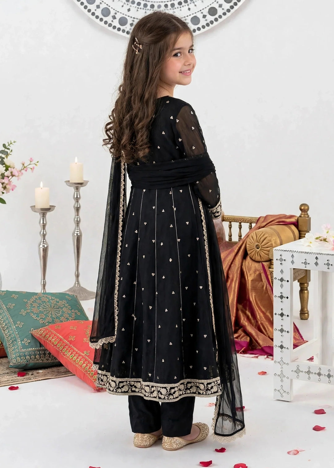 Modest Girls RTW Embroidered Crinkle 3 Piece Suit Black 11370-Blk Festive Collection