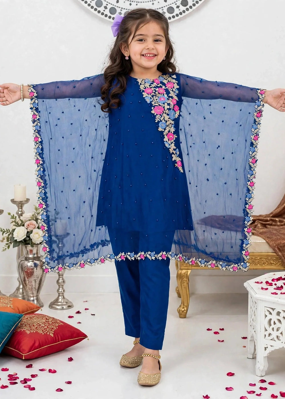 Modest Girls RTW Embroidered Chiffon 3 Piece Suit Blue A016-Blu Festive Collection