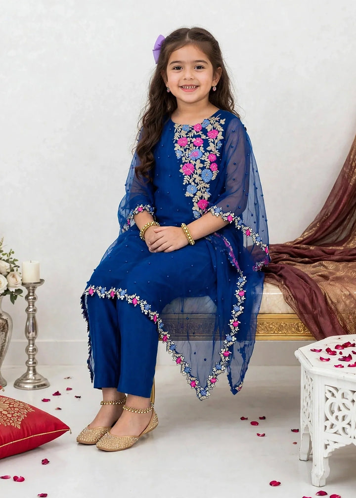 Modest Girls RTW Embroidered Chiffon 3 Piece Suit Blue A016-Blu Festive Collection