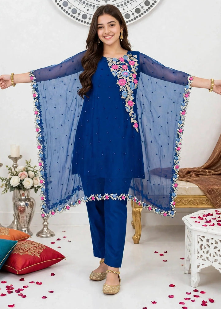 Modest Girls RTW Embroidered Chiffon 3 Piece Suit Blue A016-Blu Festive Collection