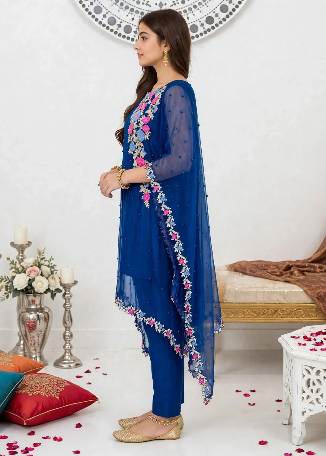 Modest Girls RTW Embroidered Chiffon 3 Piece Suit Blue A016-Blu Festive Collection