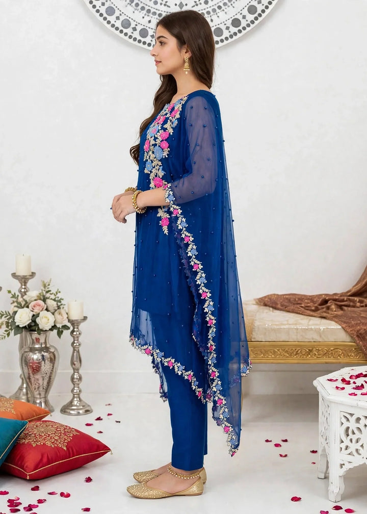 Modest Girls RTW Embroidered Chiffon 3 Piece Suit Blue A016-Blu Festive Collection