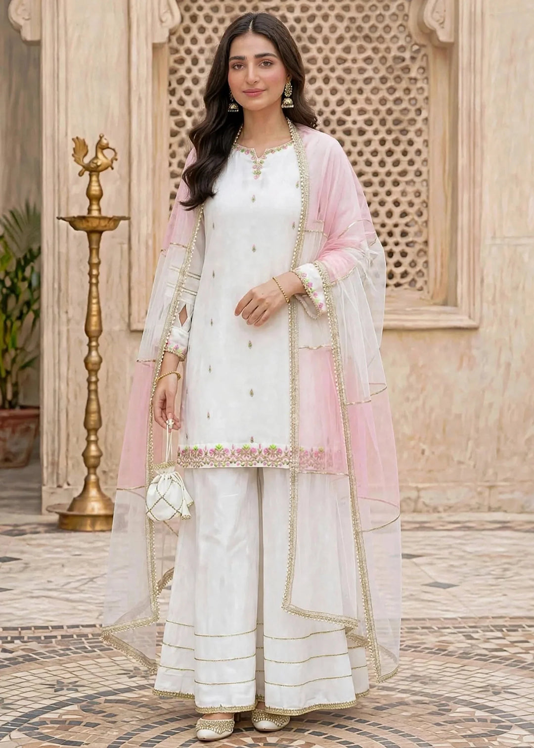 Modest Women RTW Embroidered Chiffon 3 Piece Suit W297-Wht White Festive Collection