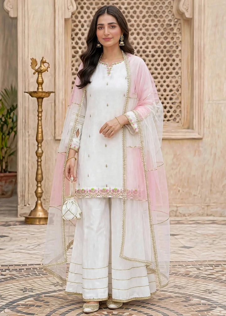 Modest Women RTW Embroidered Chiffon 3 Piece Suit W297-Wht White Festive Collection