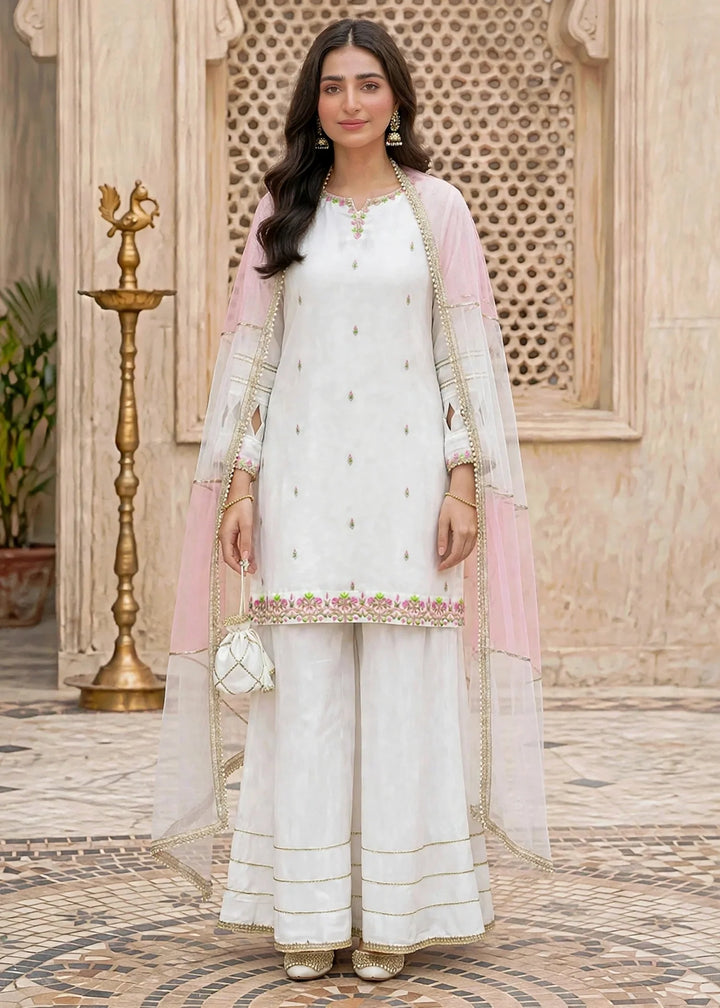 Modest Women RTW Embroidered Chiffon 3 Piece Suit W297-Wht White Festive Collection