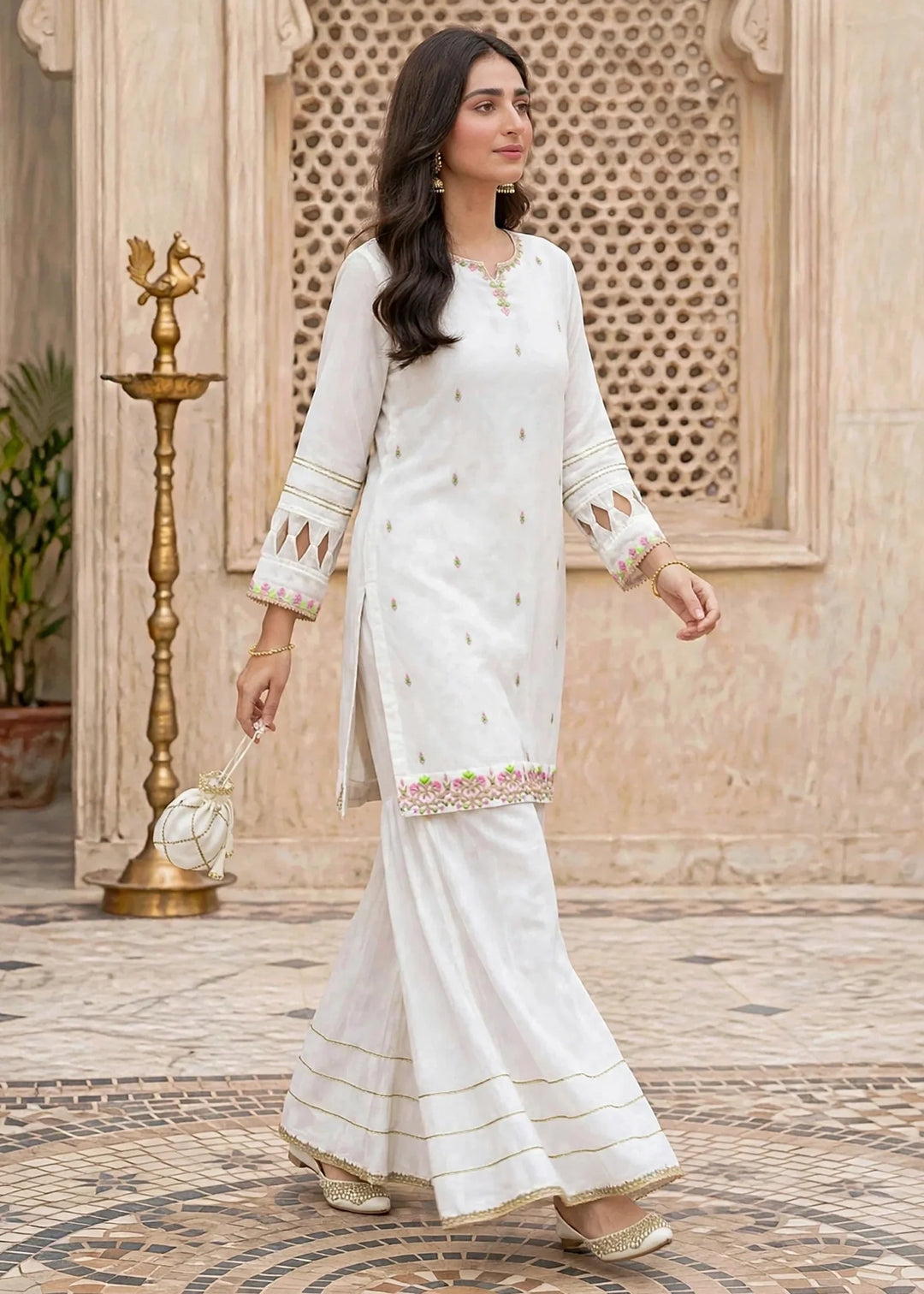 Modest Women RTW Embroidered Chiffon 3 Piece Suit W297-Wht White Festive Collection