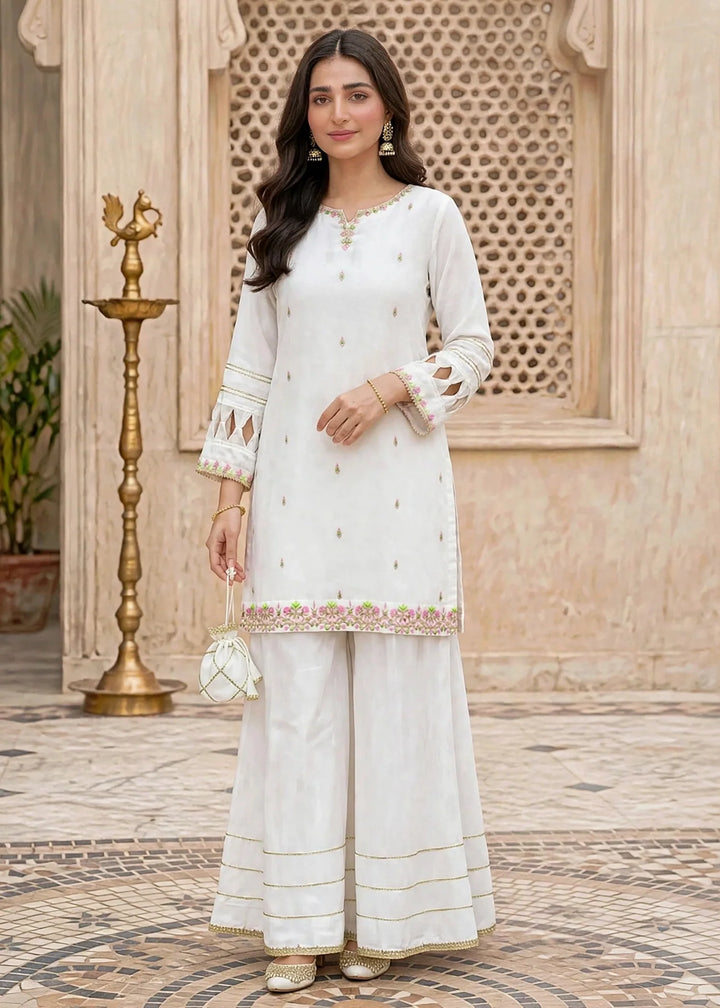 Modest Women RTW Embroidered Chiffon 3 Piece Suit W297-Wht White Festive Collection