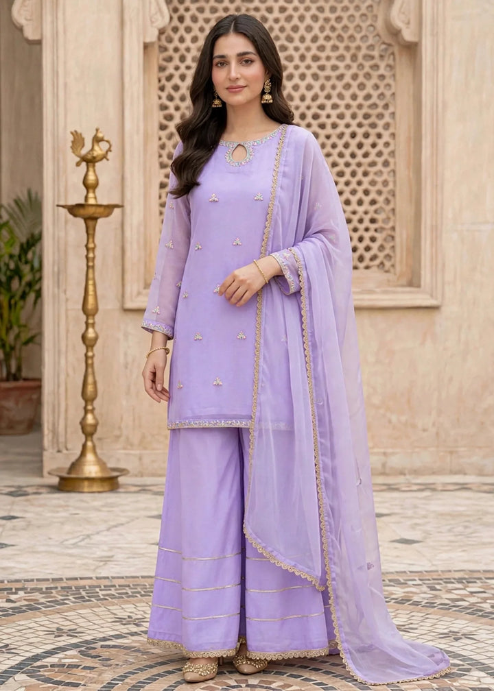 Modest Women RTW Embroidered Chiffon 3 Piece Suit W295-Prpl Lavender Festive Collection
