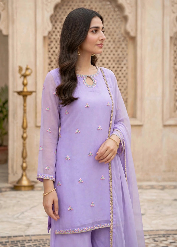 Modest Women RTW Embroidered Chiffon 3 Piece Suit W295-Prpl Lavender Festive Collection