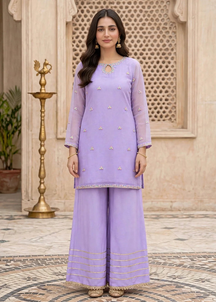 Modest Women RTW Embroidered Chiffon 3 Piece Suit W295-Prpl Lavender Festive Collection