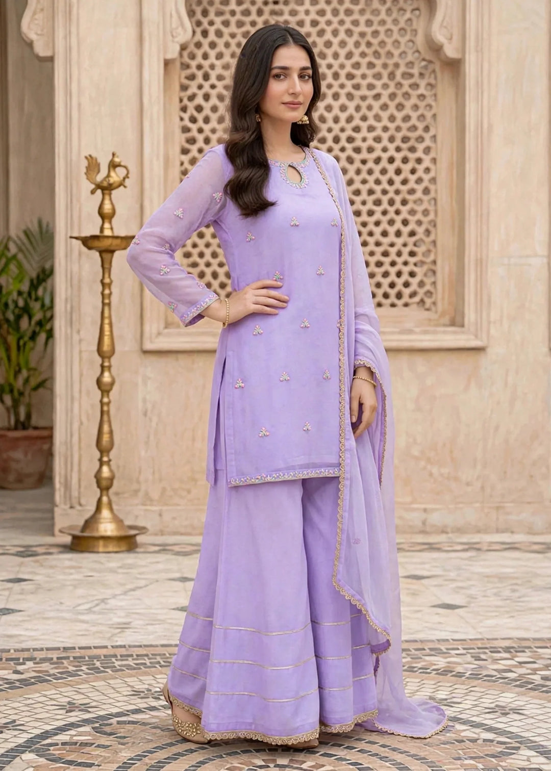 Modest Women RTW Embroidered Chiffon 3 Piece Suit W295-Prpl Lavender Festive Collection