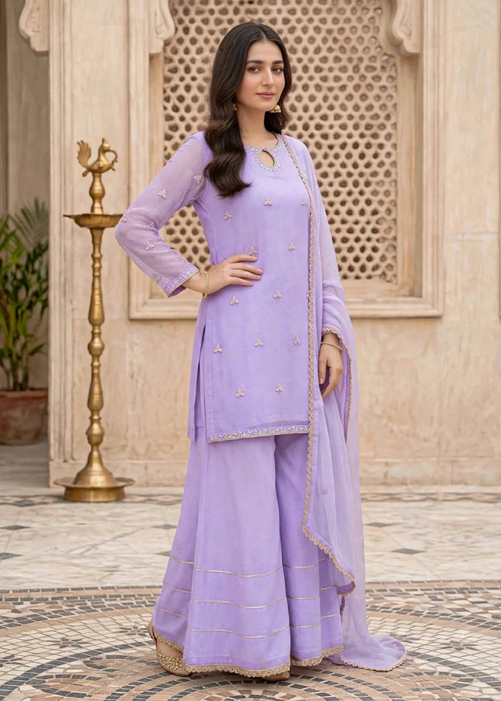 Modest Women RTW Embroidered Chiffon 3 Piece Suit W295-Prpl Lavender Festive Collection