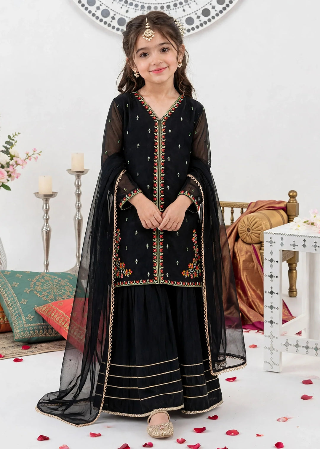 Modest Girls RTW Embroidered Crinkle 3 Piece Suit 11400-Blk Black Festive Collection