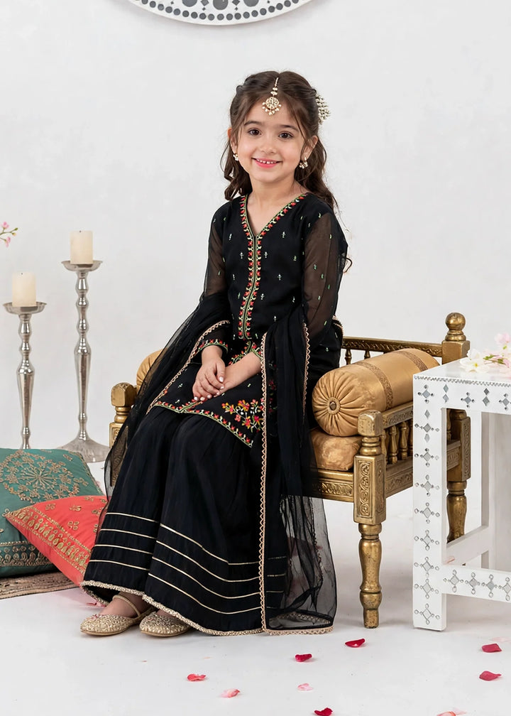 Modest Girls 3 Piece Black Crinkle Embroidered Outfit
