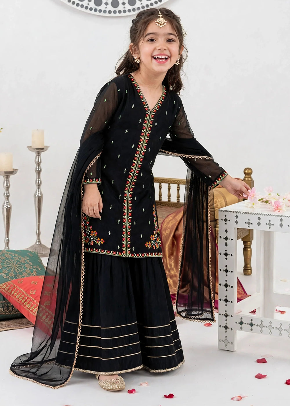 Modest Girls RTW Embroidered Crinkle 3 Piece Suit 11400-Blk Black Festive Collection
