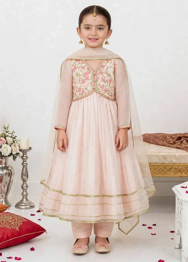 Jhilmil by Modest Girls RTW Embroidered Chiffon 3 Piece Suit Peach Frock Festive Collection