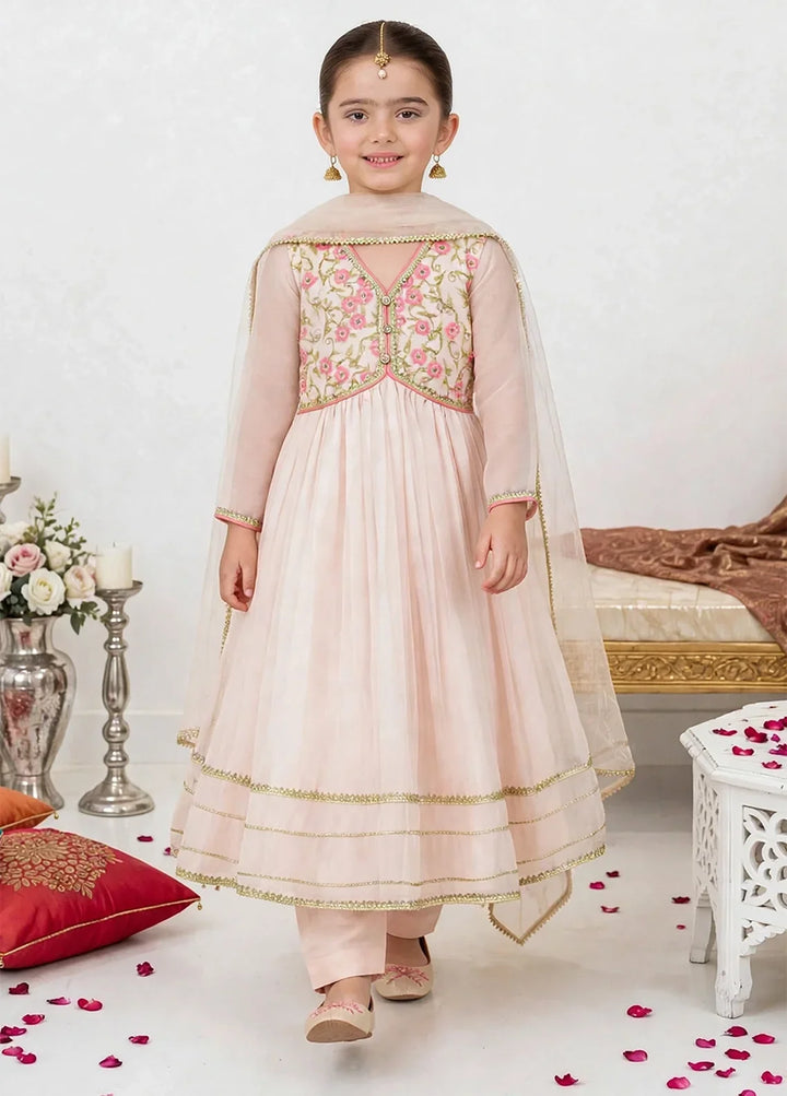 Jhilmil by Modest Girls RTW Embroidered Chiffon 3 Piece Suit Peach Frock Festive Collection