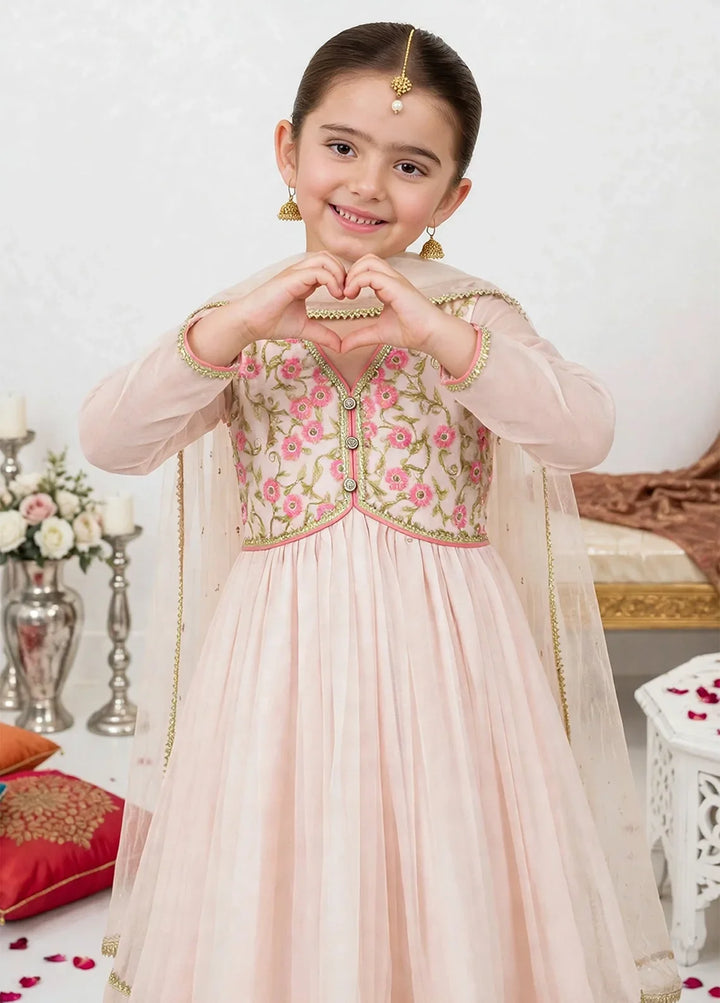 Jhilmil by Modest Girls RTW Embroidered Chiffon 3 Piece Suit Peach Frock Festive Collection