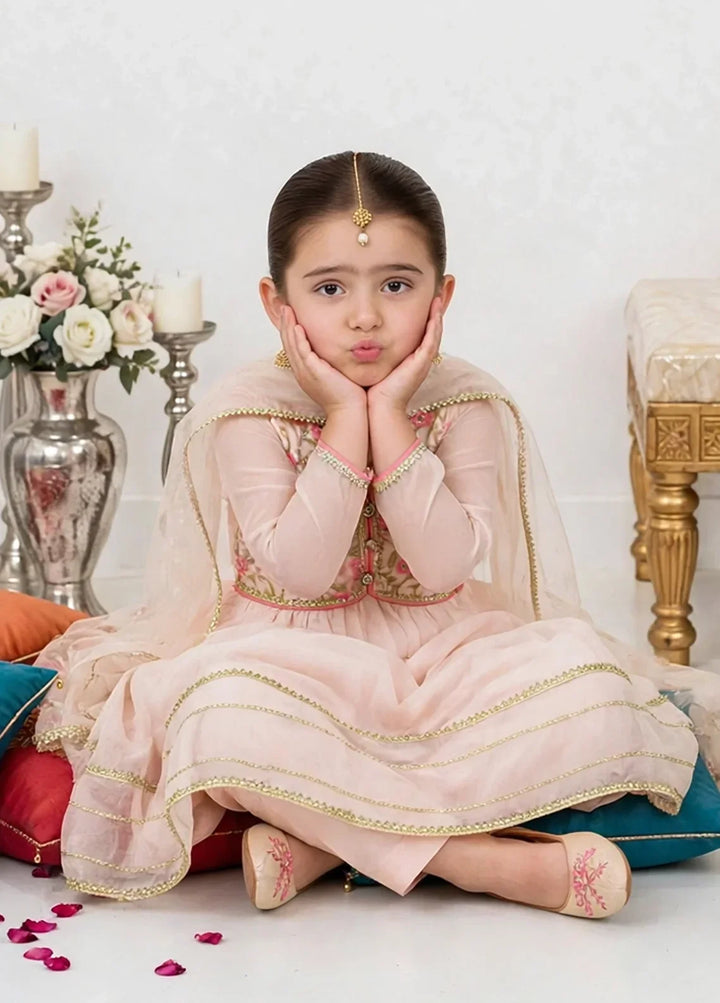 Jhilmil by Modest Girls RTW Embroidered Chiffon 3 Piece Suit Peach Frock Festive Collection
