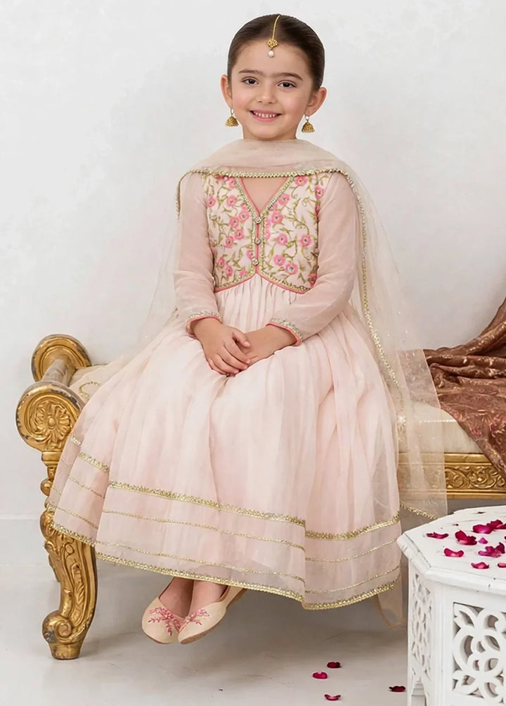 Jhilmil by Modest Girls RTW Embroidered Chiffon 3 Piece Suit Peach Frock Festive Collection